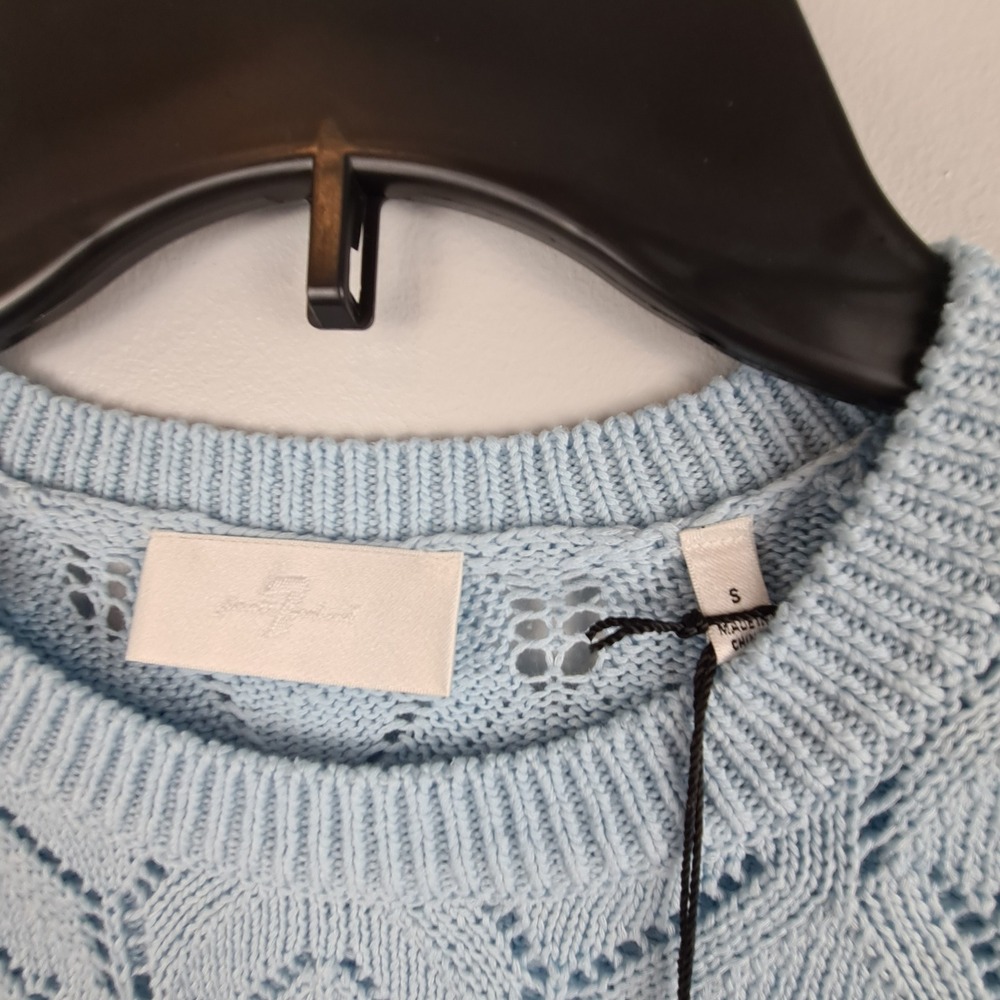 7 For All Mankind Womens Light Blue Pointelle Knit Puff Sleeve Sweater‎ Small - Picture 2 of 8